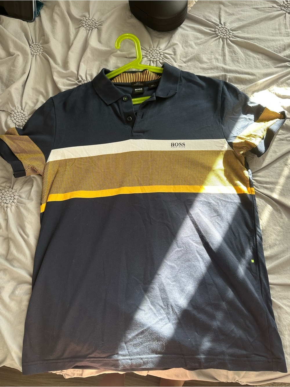 Boss Navy Polo with Mustard & White Stripe
